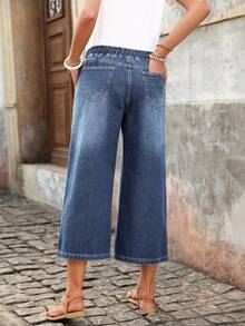 EMERY ROSE Women's Drawstring Waist Pockets Casual Wide Leg Loose 7/8 Length Jeans - Blue - View 2