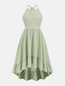 SHEIN Vestido sin mangas con volantes en el bajo para niña preadolescente de unicolor - Verde - Ver 3