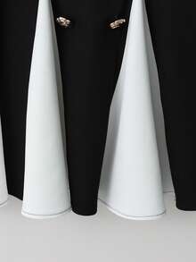 Franclia Women's Black & White Contrast V-Neck Metal Flower Button Waist Flared Hem Fitted Casual Party Cocktail Sleeveless Mini Dress, Suitable For Daily, Party, Commute, Outing, Date - Black and White - View 7