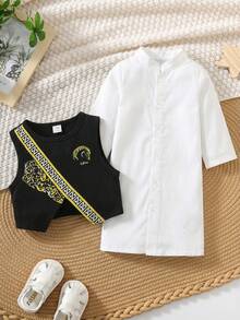 SHEIN 2pcs Newborn Baby Boy Autumn White Long Robe Shirt & Black Vest Set,Baptism,Wedding & Performance - Multicolor - View 5