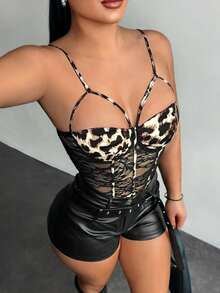 SHEIN SXY Women's Leopard Print Lace Sexy Sheer Bodysuit, Leather Shorts, Leopard Print Top, Sexy Outfit, Leopard Bodysuit, Leather Set,Valentine's Day,Going Out, Sexy Bodysuit, Leopard Print Bodysuit, Mesh Bodysuit, Women Bodysuits - Multicolor - View 7