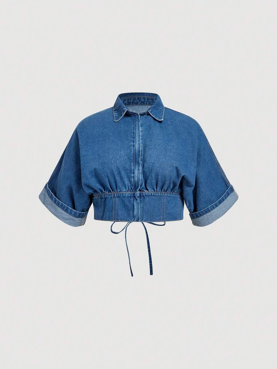 Sweetra Plus Size Fashionable Casual Batwing Sleeve Cropped Denim Jacket - Light Wash - View 1