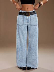 TRNVIE 时尚休闲口袋装饰低腰阔腿牛仔裤 - 中等水洗藍 - 查看 1