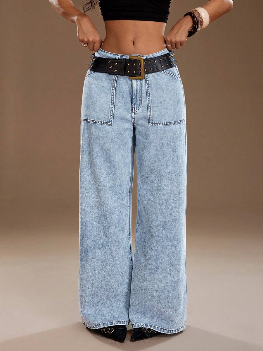 TRNVIE 时尚休闲口袋装饰低腰阔腿牛仔裤 - 中等水洗藍 - 查看 1