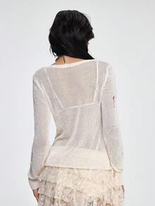 ROMWE Grunge Punk V-Neck Solid Color Long Sleeve Semi-Sheer Distressed Punk Style Sweater - Apricot - View 3