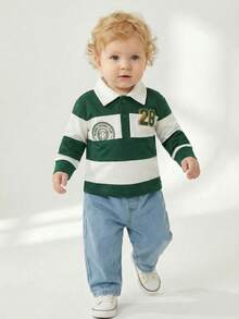 SHEIN Playful Pals 2pcs Baby Boy Casual Sports Collegiate Striped Polo Shirt And Blue Denim Jeans Set, With Badge And Numeral Print, Suitable For Layering With Jacket, Sports, School, Holiday, Travel, Winter Boys Outfit Sets 2 Years Old 24 Months Boy Set Baby Boy Clothes Long Sleeve Baby Boy Casual Set - Green - View 3