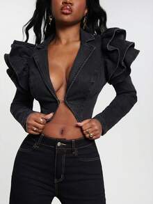 NYA SZN Áo khoác Destiny dáng ngắn, tay dài, kiểu bolero denim, tay bồng, chất liệu co giãn, màu denim đậm, phù hợp cho công sở, thường ngày, đi dự tiệc, sự kiện đặc biệt, tiệc tùng. Phong cách denim thô cao cấp, sang trọng, thanh lịch, thích hợp cho trang phục mùa thu đông dành cho nữ. - màu đen - Xem 2