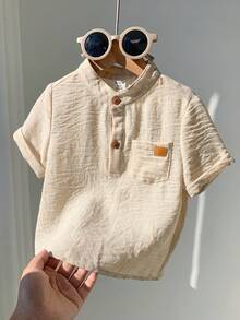 SHEIN 男婴夏季休闲百搭白色立领短袖衬衫，适合生日派对、锐舞派对、晚宴、演出、婚礼、迎婴派对和一周岁生日庆祝活动。 - 彩色 - 查看 4