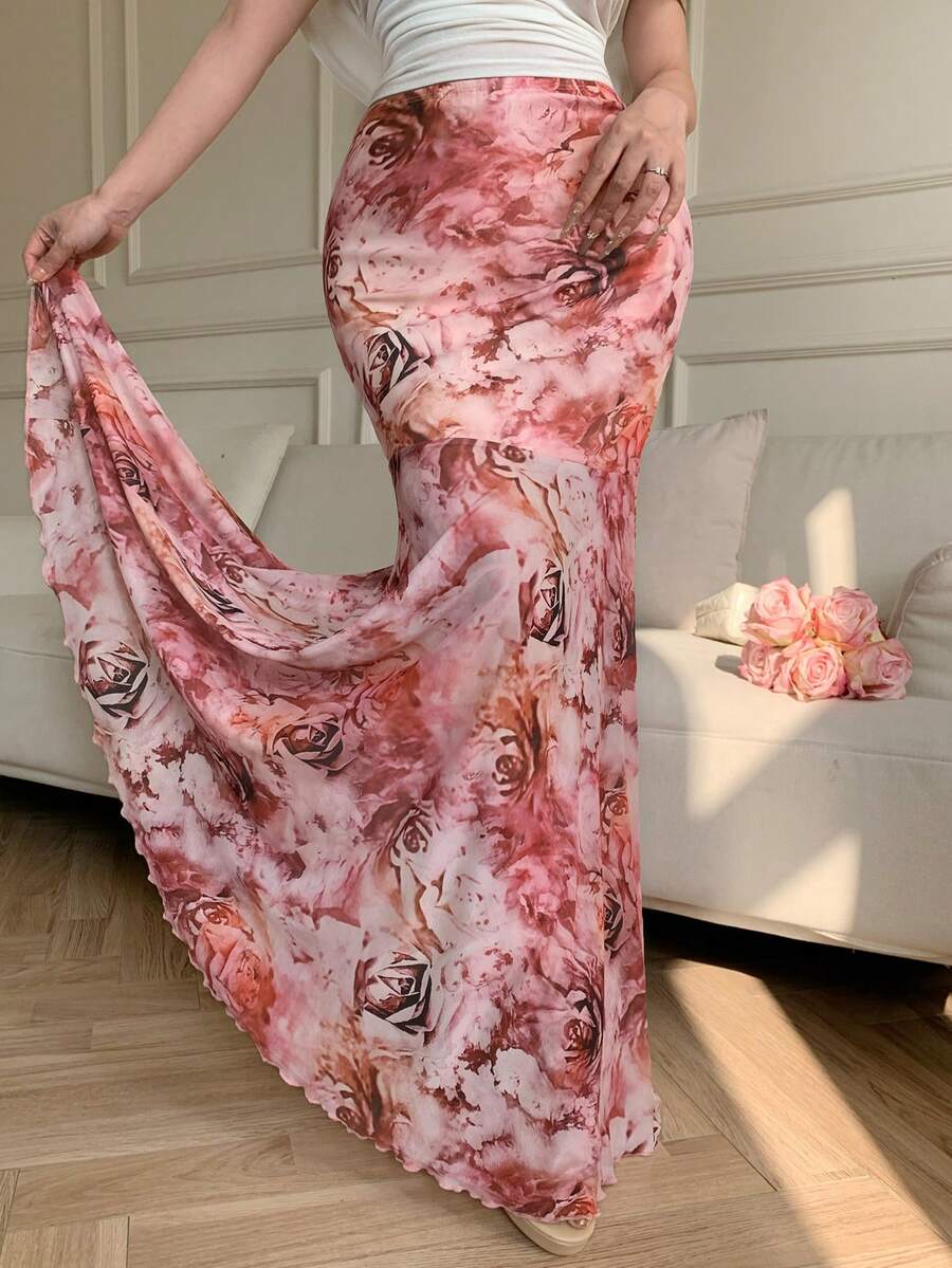 Celisse 女士弹力腰不对称数码印花休闲优雅半身裙，春夏款