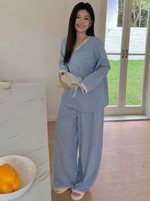 Dazy Plus Contrast Lace V-Neck Loose Striped Long Sleeve Top And Long Pants Casual Pajama Set, Suitable For Spring And Autumn - Blue - View 6