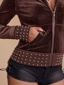 ROMWE Grunge Punk Sudadera con cremallera de terciopelo con decoración de rhinestones, ajustada para mujer, estilo Y2K - Café integral - Ver 10