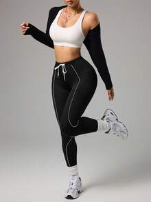 Dewbera Women's Drawstring Waist Casual Fitness Leggings - Black and White - View 5