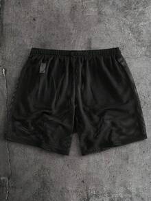 AXEPEAK Men's Letter Patched Detail Contrast Trim Drawstring Waist Shorts, Streetwear Ready - Black - View 2