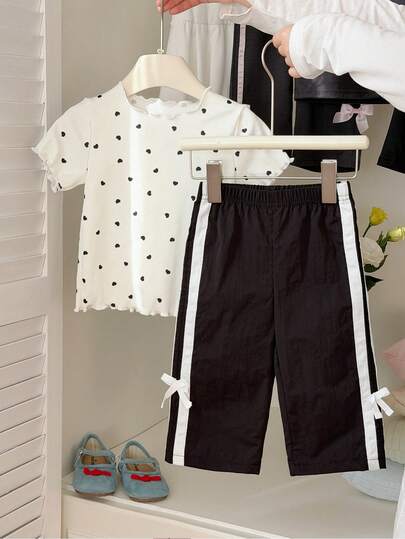 SHEIN 女婴休闲运动黑色褶皱面料蝴蝶结装饰裤，适合日常穿着，春夏款