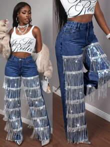 Slaydiva Jeans di moda decorati con paillettes multicolore e nappe - Blu lavato scuro - Visualizzare 1