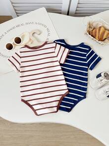 Playful Pals 两件套幼儿男童休闲条纹印花短袖连体衣，适合居家和户外玩耍，春夏款 - 彩色 - 查看 2