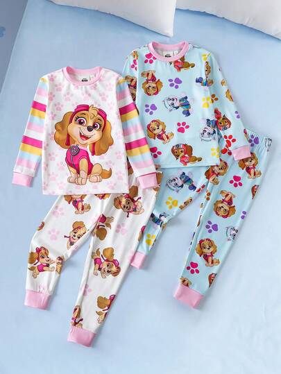 SHEIN | PAW Patrol 女童卡通可爱狗狗印花修身睡衣套装，包含上衣和裤子，秋冬季