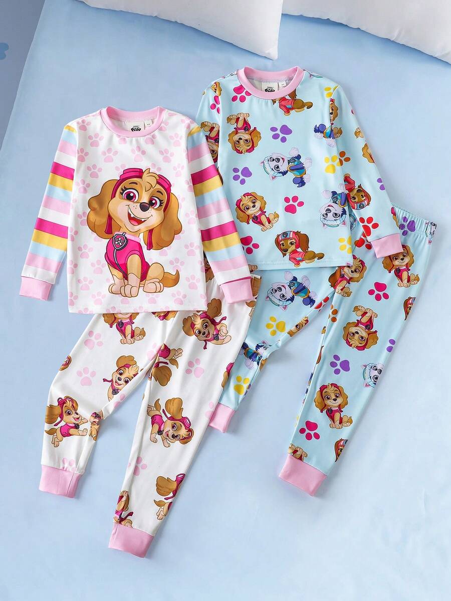 SHEIN | PAW Patrol Young Girl Cartoon Cute Dog Print Trim Snug Fit Pajama Set, Includes Top And Pants, Autumn/Winter - Baby Blue - View 1