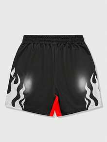ROMWE MEN Street Life 男士夏季休闲时尚街头火焰撞色印花刺绣抽绳腰短裤 - 彩色 - 查看 2