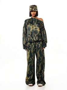 SUMWON WOMEN Oversized Off Shoulder Camouflage Sweatshirt With Script Print Long Sleeve Boxy Fit Pullover For Casual Winter Fall Style - Army Green - View 5