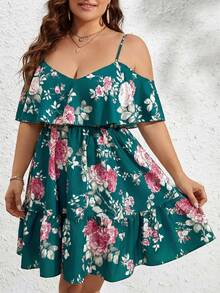 SHEIN VCAY Plus Size Women Floral Print Patchwork Ruffle Off Shoulder Fashion Maxi Dress - Green - View 4