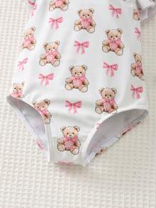 Cozy Pixies Toddler Girls' Colorblock Bow & Cartoon Bear Pattern Casual Cute Beach Swimwear - Pink - View 8