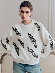 Anewsta Women's Modern Street Style Energetic Leopard Print Beaded Crew Neck Pullover Sweatshirt, Spring - Apricot - View 14