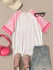 SHEIN Girls' Pink Sports Jersey Short Sleeve T-Shirt - Multicolor - View 2