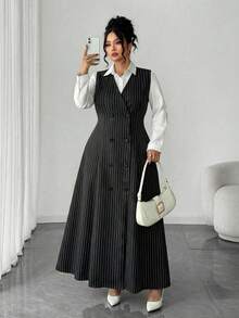 Elenzga Đầm maxi không tay hai hàng cúc kẻ sọc đen trắng cỡ lớn dành cho nữ, đầm dạ hội cổ chữ V, đầm dạ hội dài, đầm kẻ sọc dành cho nữ. - màu đen - Xem 5