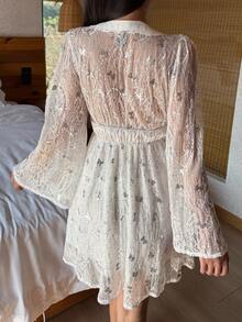 DAZY Sequin Butterfly Lace Waist Cinching V-Neck Women's Nightgown Dress - White - View 2