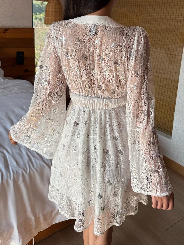 Sequin Butterfly Lace Waist Cinching V-Neck Women's Nightgown Dress