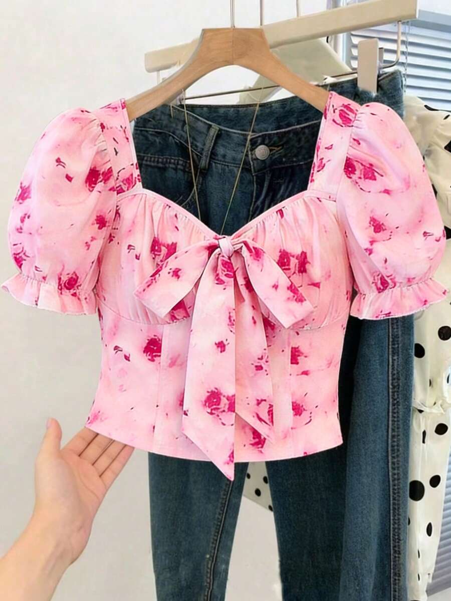 GlowEve New Square Collar Short Sleeve Woven Bowknot Tie Elegant Cute Versatile Fitted Women Blouse - Multicolor - View 1