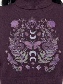ROMWE Goth Suéter corto de cuello alto en color oscuro para mujer, blusa de punto con mangas abullonadas y estampado jacquard de piel de serpiente y mariposa vintage, otoño/invierno - Morado - Ver 2