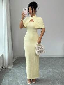Elenzga Rhinestone Embellished Strapless Waist Cinched Bodycon Elegant Romantic Party Dress For Women - Light Yellow - View 3