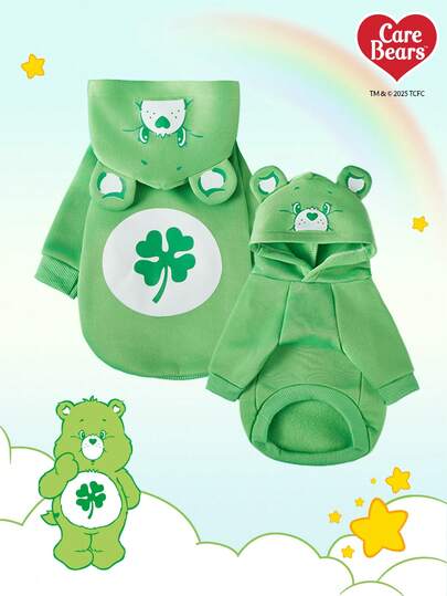 Care Bears X PETSIN 1 pieza Sudadera con capucha de oso de peluche con decoración de orejas 3D, verde, gruesa y cómoda para mascotas