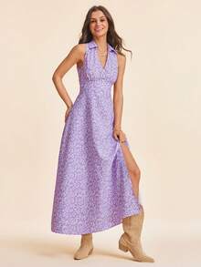 Coeurva 女士碎花露肩开衩连衣裙，春夏度假款 - 淡紫色 - 查看 4