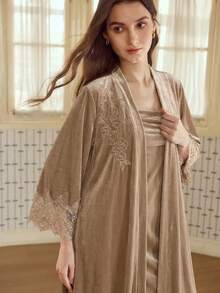 MOTF PREMIUM VELVET EMBROIDERED FLORAL LACE PATCHWORK ELEGANT BELTED ROBE - Champagne - View 4