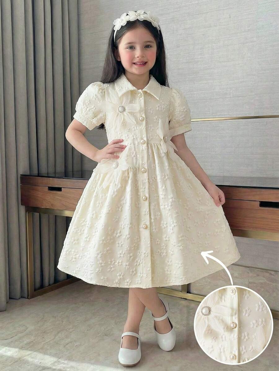Girls' White Summer Princess Dress,Traditional Sequin Textured Fabric,Pearl Buttons&3D Floral,Collared Puff Sleeve Wedding Birthday Party Silhouette - White - View 1