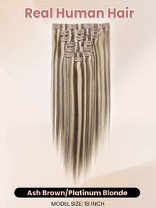 Seamless Clip In Hair Extensions, 7pcs Ash Brown Mix Platinum Blonde Hair Extensions Clip In Human Hair Invisible PU Skin Weft Natural Remy Human Hair Extensions - SP8/60 - View 2