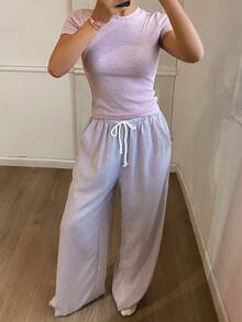 DAZY Women's Casual Slim Fit Top And Loose Pajama Pants Sleepwear Set - Purple - View 6