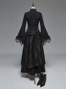 ROMWE EDITION 哥特风蕾丝喇叭袖下摆女式衬衫，适合万圣节装扮 - 黑色 - 查看 11