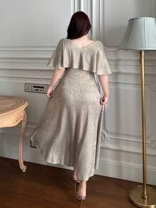 Dazy Plus V-Neck Ruffle Shoulder 2 In 1 Waist Slimming Long Sleeve Dress For Party - Gold - View 2