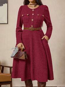 Zelara Elegant Formal Burgundy Autumn Vintage Coin Metal Button Embellished Plus Size Mid-Length Tweed Dress,Winter Classic Clothes For Women Outfit - Red - View 6