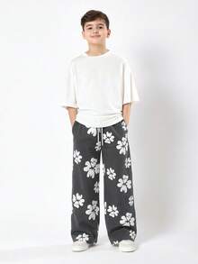 SUMWON 男童阔腿印花抽绳运动裤，弹性腰带，宽松休闲度假裤 - 深灰色 - 查看 3