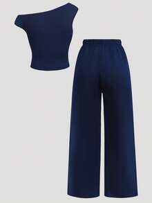 Girlism 少女休闲字母印花不对称领口T恤和裤子套装，夏季 - 藏蓝色 - 查看 2