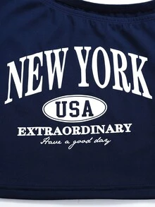 Girlism 少女休闲字母印花不对称领口T恤和裤子套装，夏季 - 藏蓝色 - 查看 5