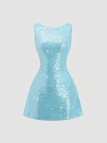 Sweetra Women's New Summer Dress, New Year, Halloween, Christmas Costume, Thanksgiving Outfit, Suitable For Party, Commute, Daily, Travel, Holiday, Women's Sequin Dress, Shiny Dress, Glitter Dress, Summer Dress, Christmas Party Dress, Women's Party Dress, Women's Beach Outfit, Women's Beach Dress, Cinched Waist Bow Design A-Line Sleeveless Mini Dress - Blue - View 3