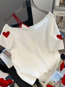GlowEve Women's Casual Heart Print Asymmetric Neck T-Shirt, Summer - White - View 2