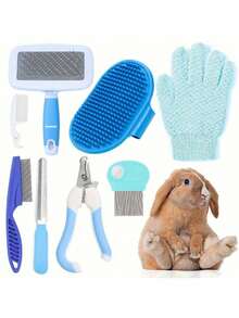 8 Pieces/Set Pink Rabbit Grooming Kit With Nail Clippers, Flea Comb, Shampoo Bath Brush & Massage Gloves - PP Material For Small Pets - Multicolor - View 8