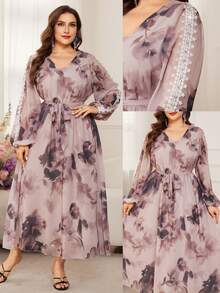 Modelyn Vestido maxi de manga larga elegante, intelectual y hermoso para mujeres de talla grande, con estampado de teñido anudado y patrón floral romántico de vacaciones en gasa de estilo elegante - Multicolor - Ver 6